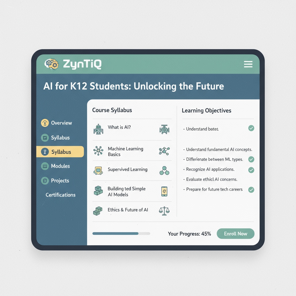 A screenshot展示了ZynTiQ平台为K12学生提供的AI课程的详细内容,包括课程大纲和学习目标。 Screenshot of ZynTiQ's AI curriculum for K12 students relevant to artificial intelligence education, lifetime membership, and certified courses