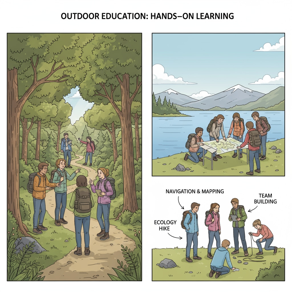 Students are seen actively participating in various outdoor education activities, such as hiking in a forest and working on group projects near a lake. Students engaged in outdoor education activities related to school contracts, Camp Ramah, outdoor education, and Zionism