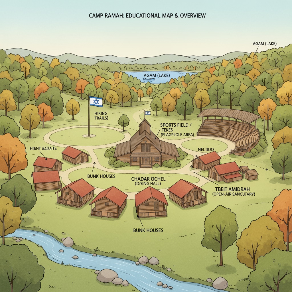 A panoramic view of Camp Ramah shows its buildings, open spaces, and the beautiful natural surroundings, including trees and a small stream. A view of Camp Ramah relevant to school contracts, outdoor education, and the discussion on Zionism