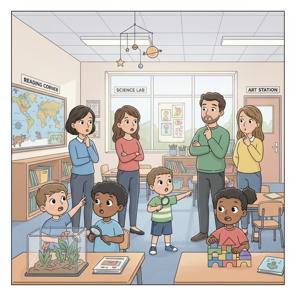 A group of parents and children are looking around a classroom during a school visit. The children seem curious while the parents are observing attentively. Parents and children exploring the classrooms during a public school visit for educational choice