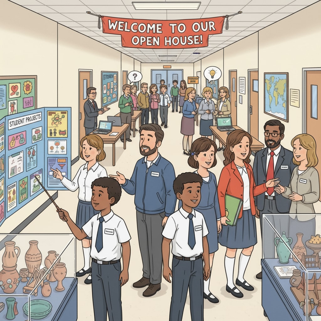 At a school open house, students are showing parents around. There are displays of student work, and everyone is engaged in conversations. Students and parents interacting during a public school open house for educational choice