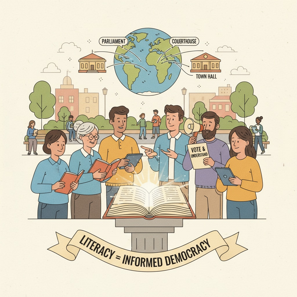 People discussing political issues, related to literacy, democracy, reading, and writing