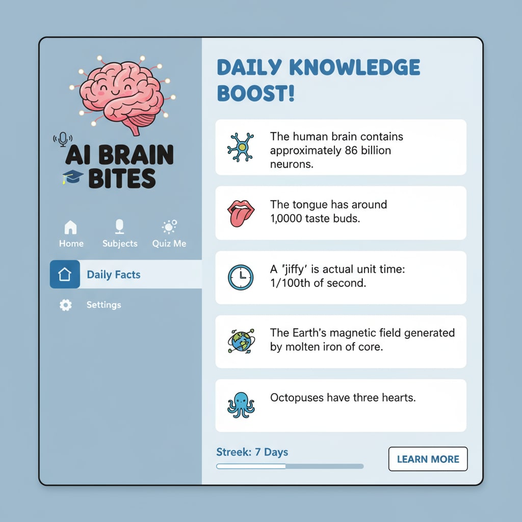 A screenshot展示了AI Brain Bites的界面,上面列出了一系列教育性事实。 AI Brain Bites interface with educational facts