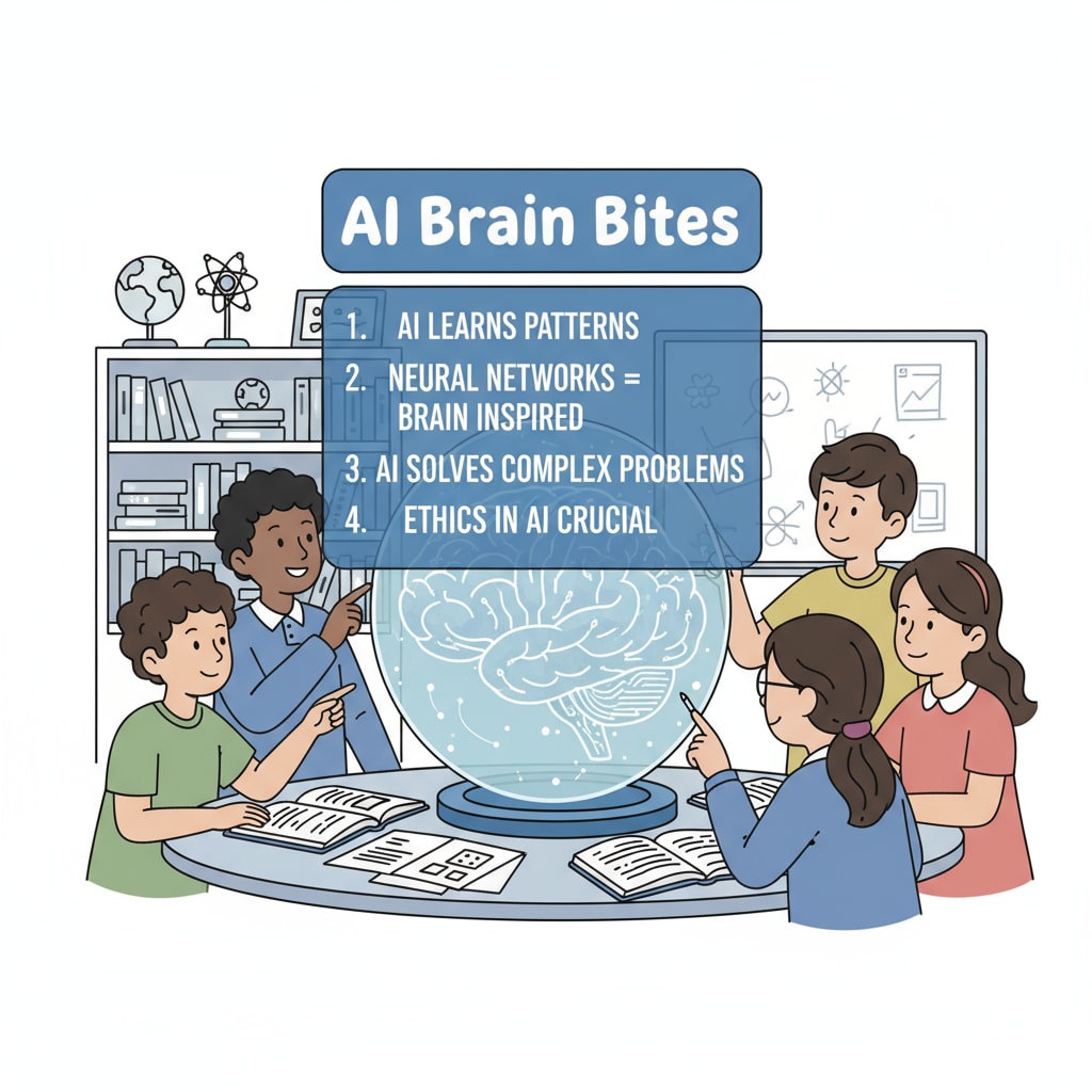 一群学生围在一台设备旁,看着AI Brain Bites上的教育性事实。 Students looking at AI Brain Bites educational facts