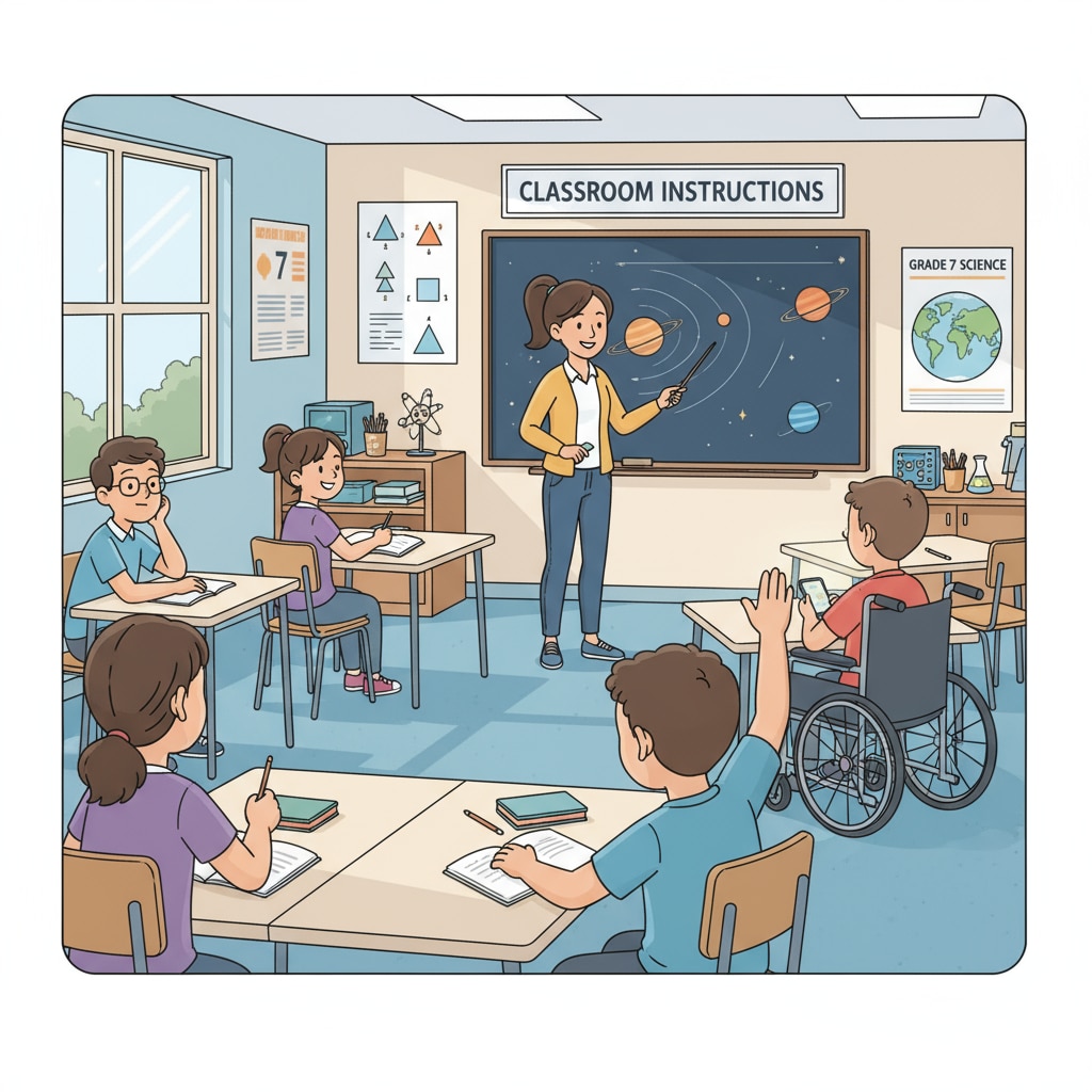 A group of seventh-grade students in an inclusive classroom, some looking distracted while the teacher gives instructions Students not following instructions in an inclusive seventh-grade classroom