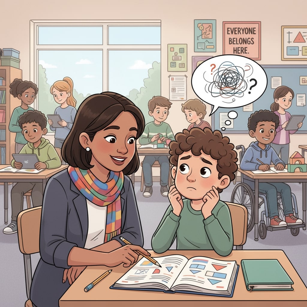 A teacher trying to communicate instructions to a student with a confused expression in an inclusive classroom Teacher communicating instructions to a confused student in an inclusive classroom