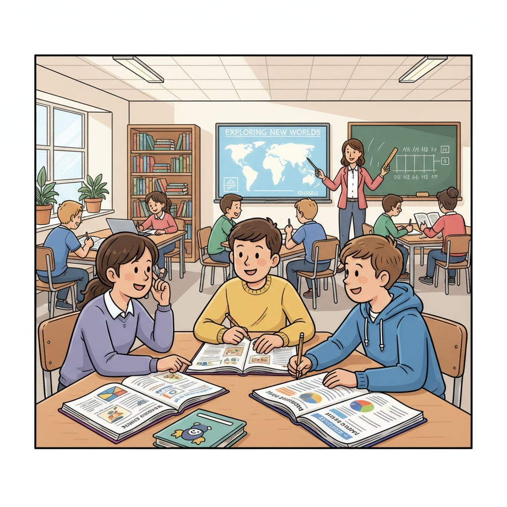 A classroom scene where students are actively engaged in learning activities, with books open and interacting with each other. Classroom scene promoting education, lifelong learning, and success