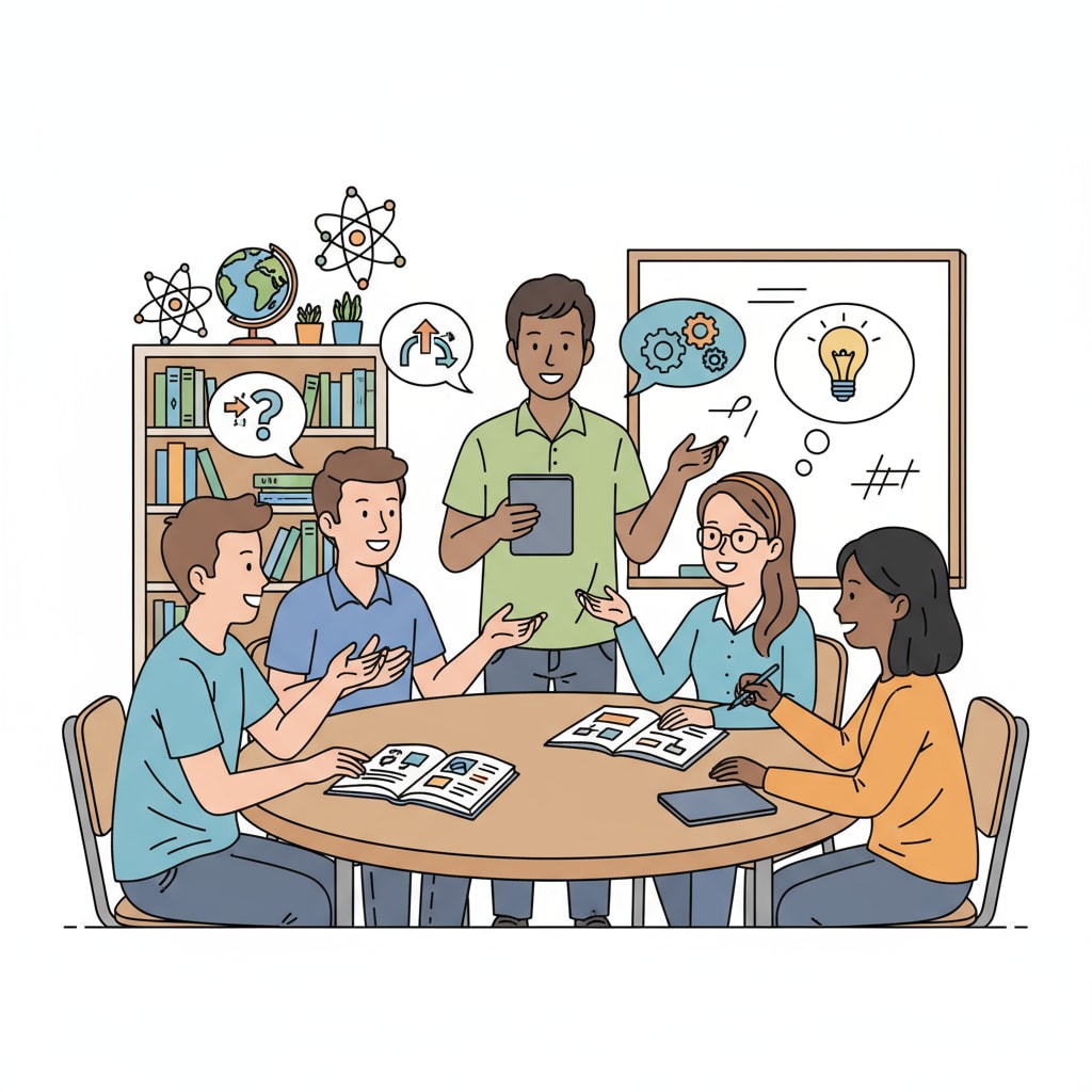 A group of students sitting around a table, discussing ideas and sharing knowledge, representing collaborative learning. Group of students engaged in activities related to education, lifelong learning, and success