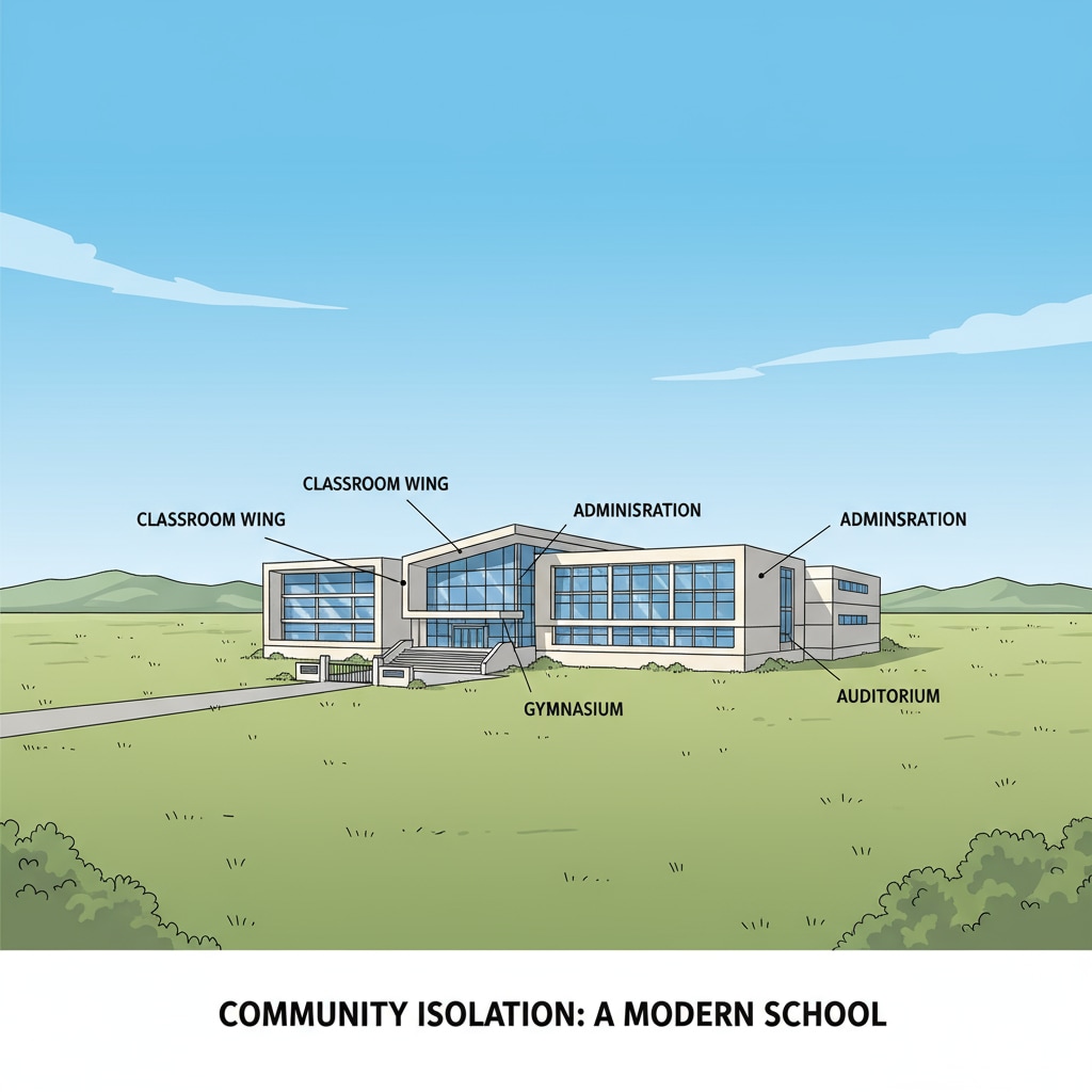 A modern town public school building stands alone, with a relatively empty surrounding area, showing a sense of separation from the community. A modern town public school isolated from the community, highlighting school system independence and community separation