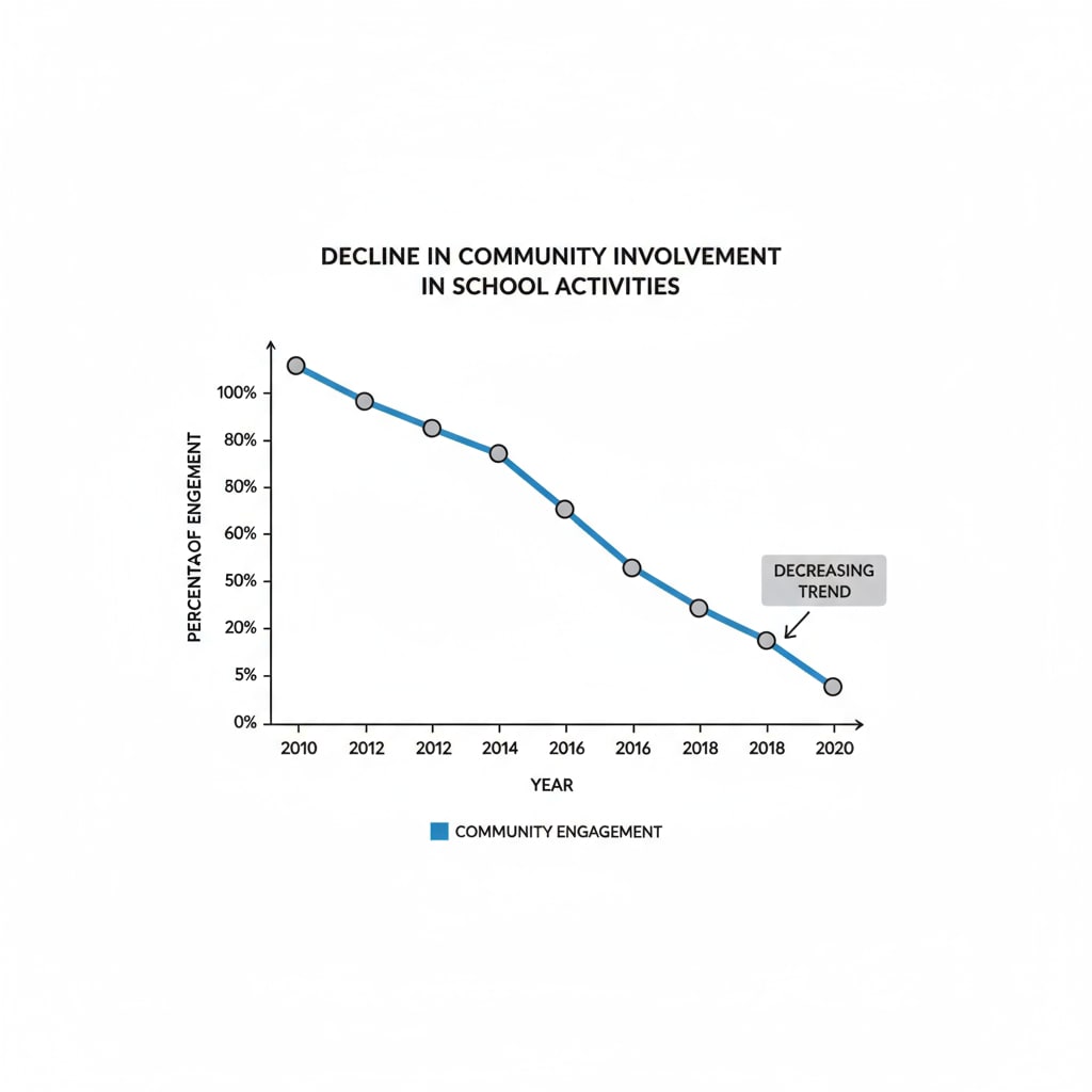 A line graph depicting the downward trend of community involvement in school activities over a period of several years, indicating the decline in public engagement. Graph showing the decline of community involvement in school activities related to school system independence and community separation