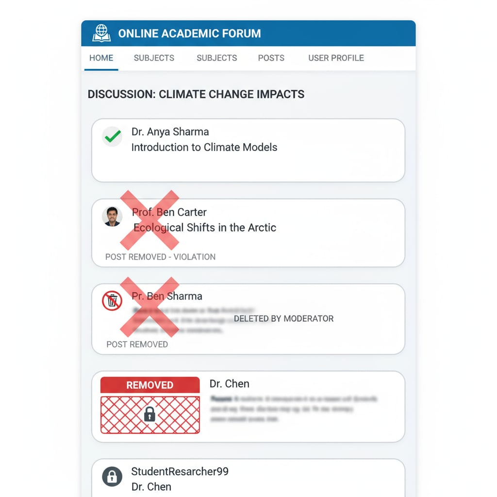 A forum page screenshot with removed posts, showing red crosses or deletion marks. Screenshot of educational forum with post removal highlighting the issue of no explanation