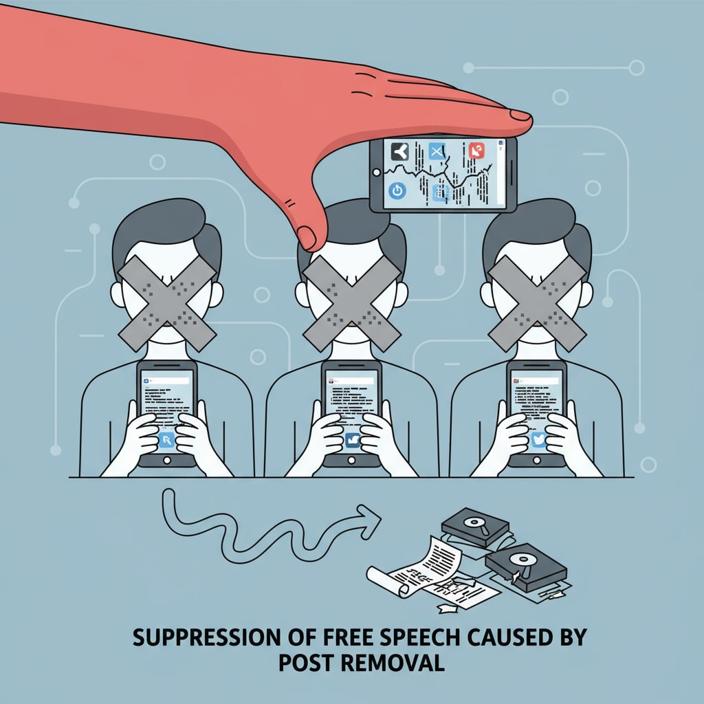 A graphic of people with covered mouths, symbolizing the suppression of free speech due to post removal. Graphic representing the silencing effect of unexplained post removal in educational discussions