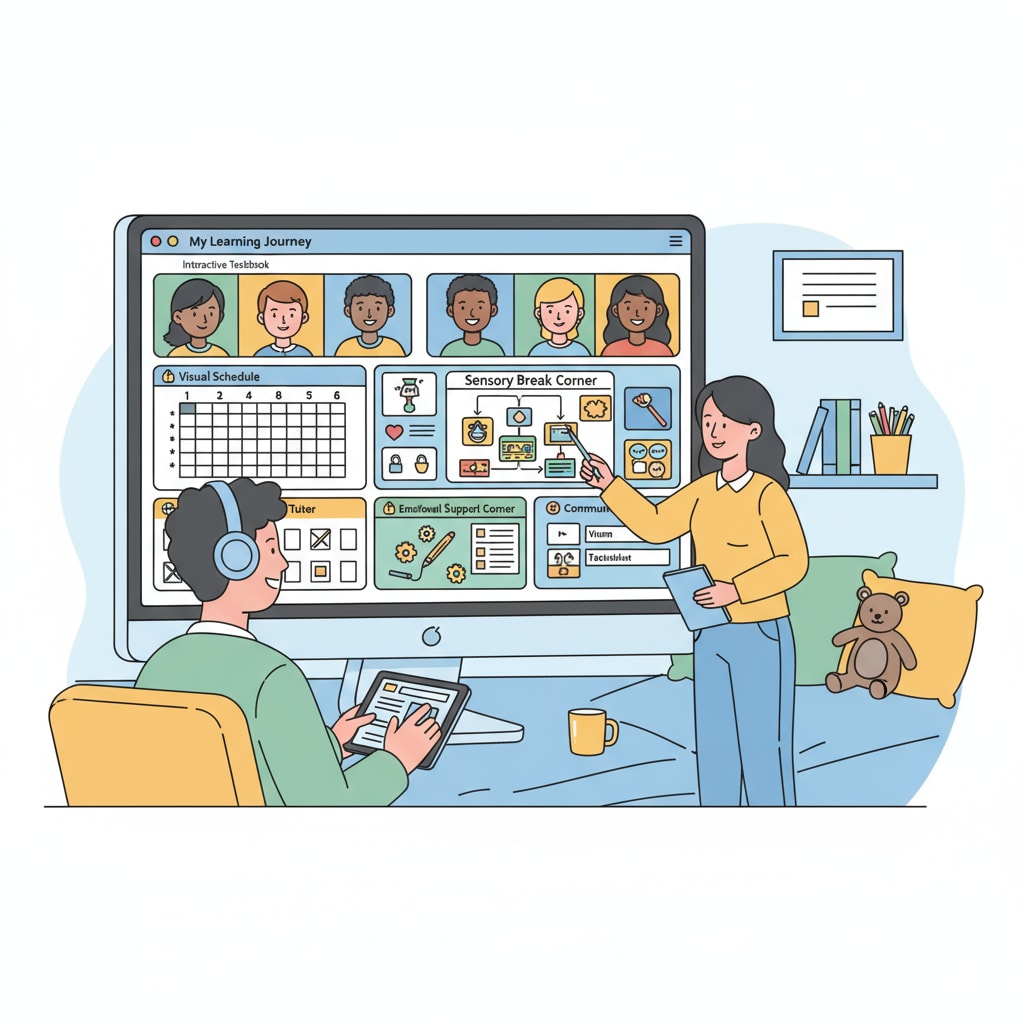 Students with autism are seen in an online learning setup, getting academic help. The screen shows a supportive learning environment with accessible resources. Students with autism receiving academic support in an online learning environment