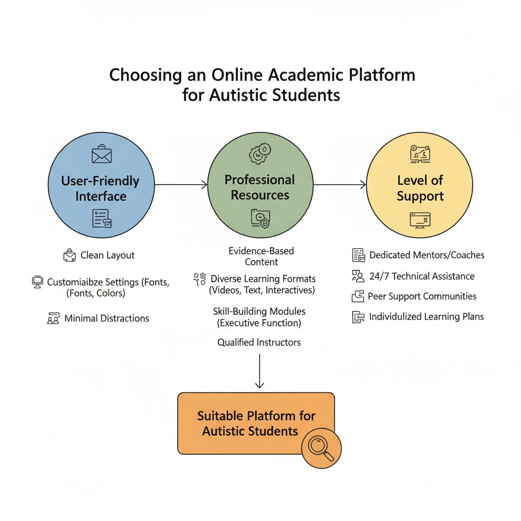 A graphic展示了选择适合自闭症学生在线学术平台的标准,如界面友好、专业资源、支持水平等。 A visual representation of criteria for selecting online academic platforms for autistic students