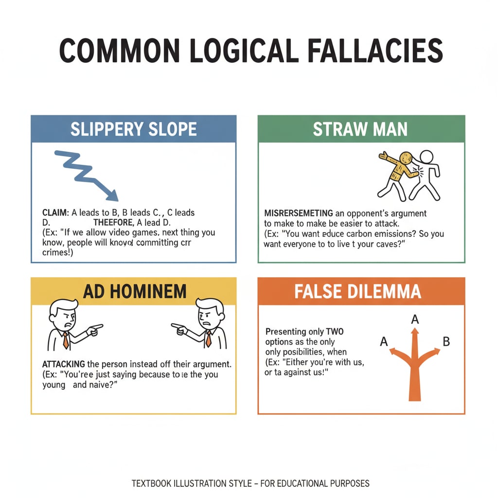 A colorful infographic展示了常见的逻辑谬误类型,如滑坡谬误、稻草人谬误等,并配有简单的解释。 Visual representation of various logical fallacies to aid high school students in critical thinking and educational reform efforts