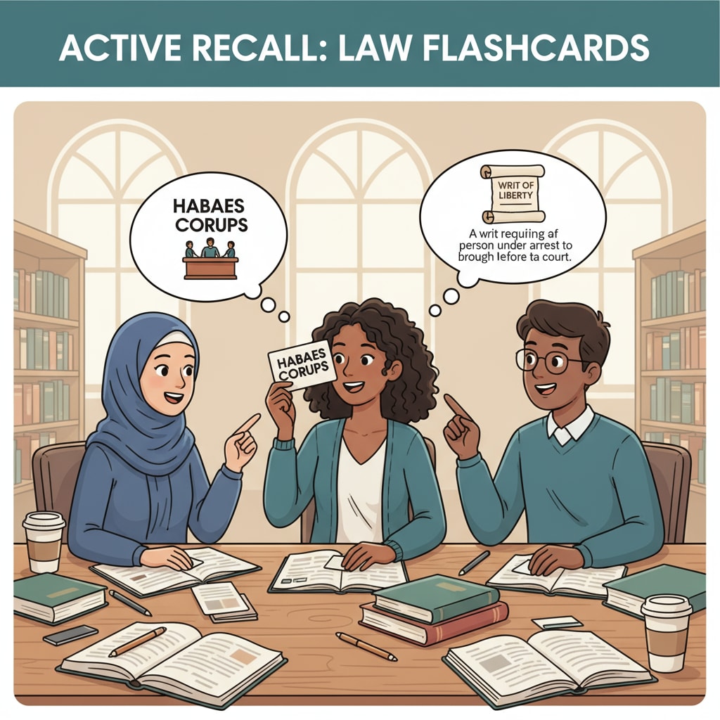 Students are seen using flashcards during a legal study session to practice active recall. Students practicing active recall in legal learning using flashcards