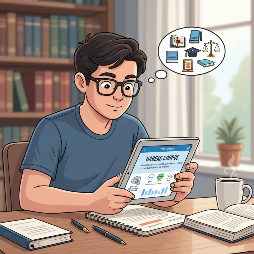 A student is shown using a mobile app for spaced repetition to review legal vocabulary. Student using spaced repetition app for legal learning