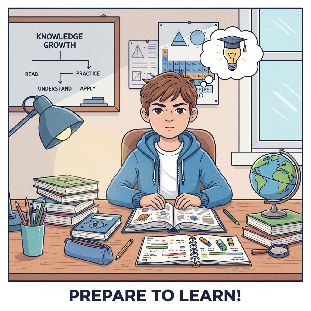 A student is sitting at a desk, surrounded by books, with a determined look on their face, ready to study hard to improve their knowledge. A student focused on high school education, key skills, and knowledge reinforcement