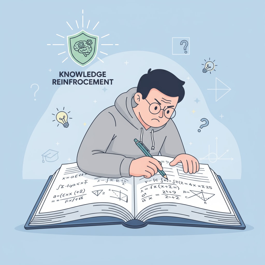 A person is deeply engaged in studying math equations, concentrating hard to master the knowledge, which is related to knowledge reinforcement. A person working on knowledge reinforcement of high school education through math study