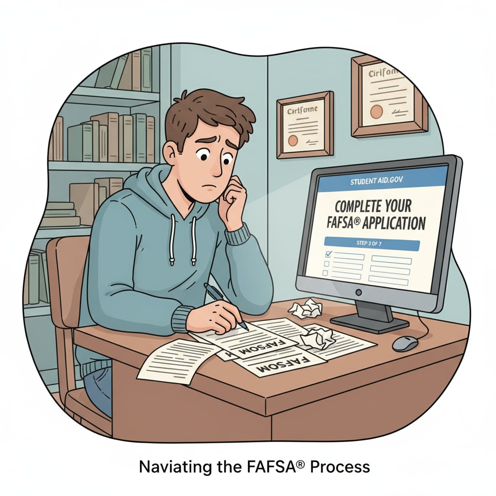 A student sitting at a desk, looking worried while filling out FAFSA forms. The desk has papers and a pen, and there is a computer screen showing FAFSA-related information. A student struggling with FAFSA forms for an associate degree to nursing program transition.