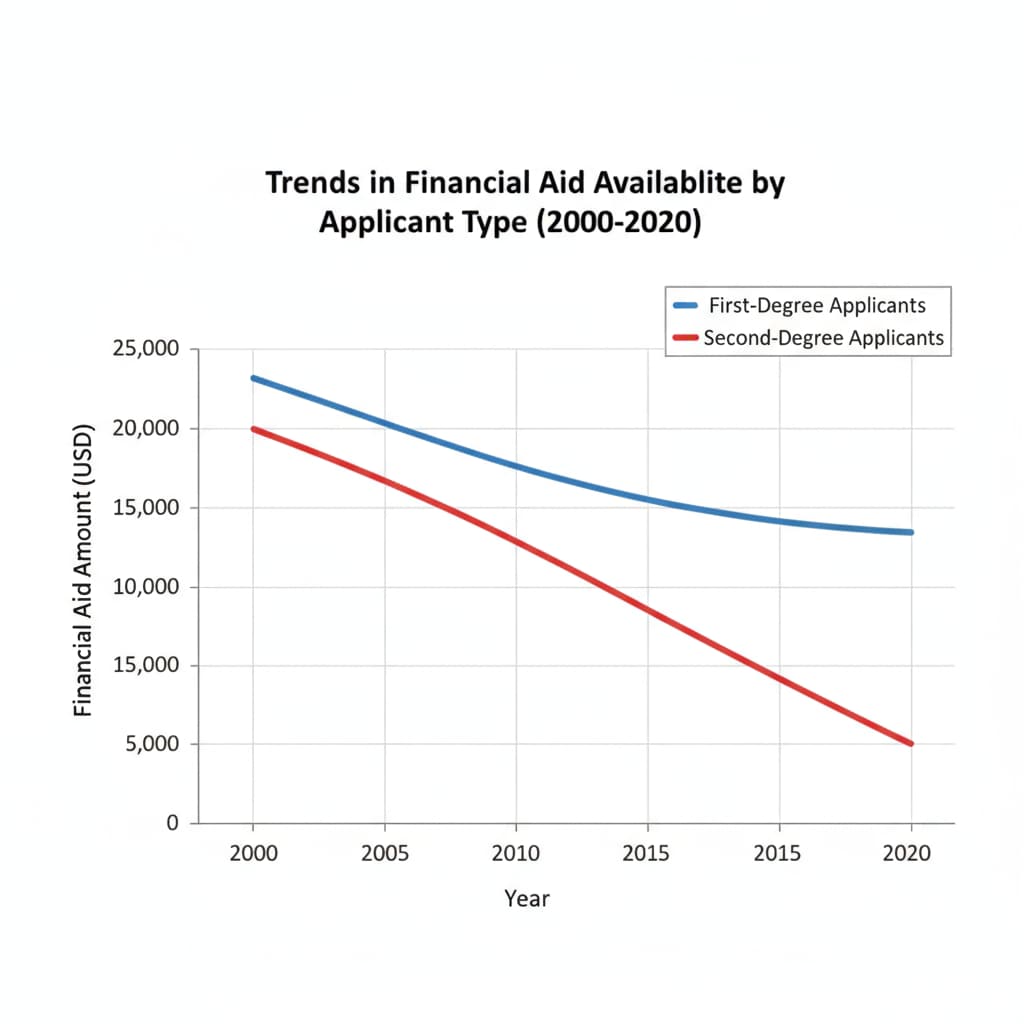 A graph with two lines. One line represents the amount of aid available for first-degree applicants and is higher. The other line represents the amount of aid available for second-degree applicants and is lower. The graph shows the decline in available aid for second-degree applicants over time. Graph showing the decline in available aid for second-degree applicants in relation to FAFSA for nursing programs after an associate degree.