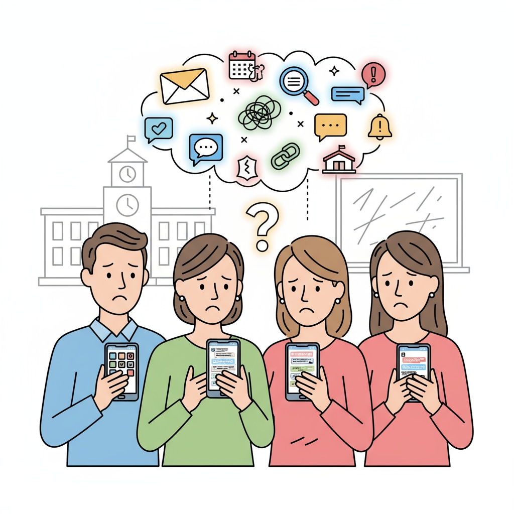A group of parents are looking at their mobile phones with confused expressions as they try to find school-related information among various apps and messages. Parents struggling with fragmented school information in different communication channels