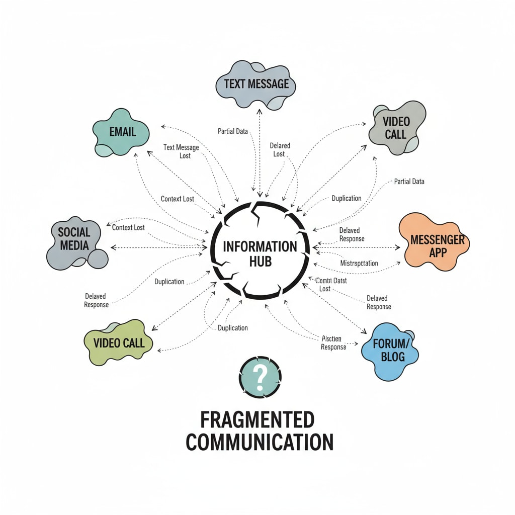 A visual diagram with arrows pointing in different directions representing various communication channels like email, text, and social media, showing how information is fragmented. Diagram depicting fragmented school communication channels