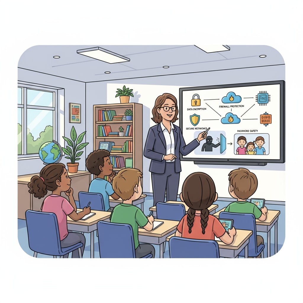 A group of K12 students attentively listening to a teacher explaining cybersecurity concepts on a smartboard. The teacher is using visual aids to make the lesson engaging. K12 students engaged in a cybersecurity education class with a teacher using teaching methods to enhance student participation.