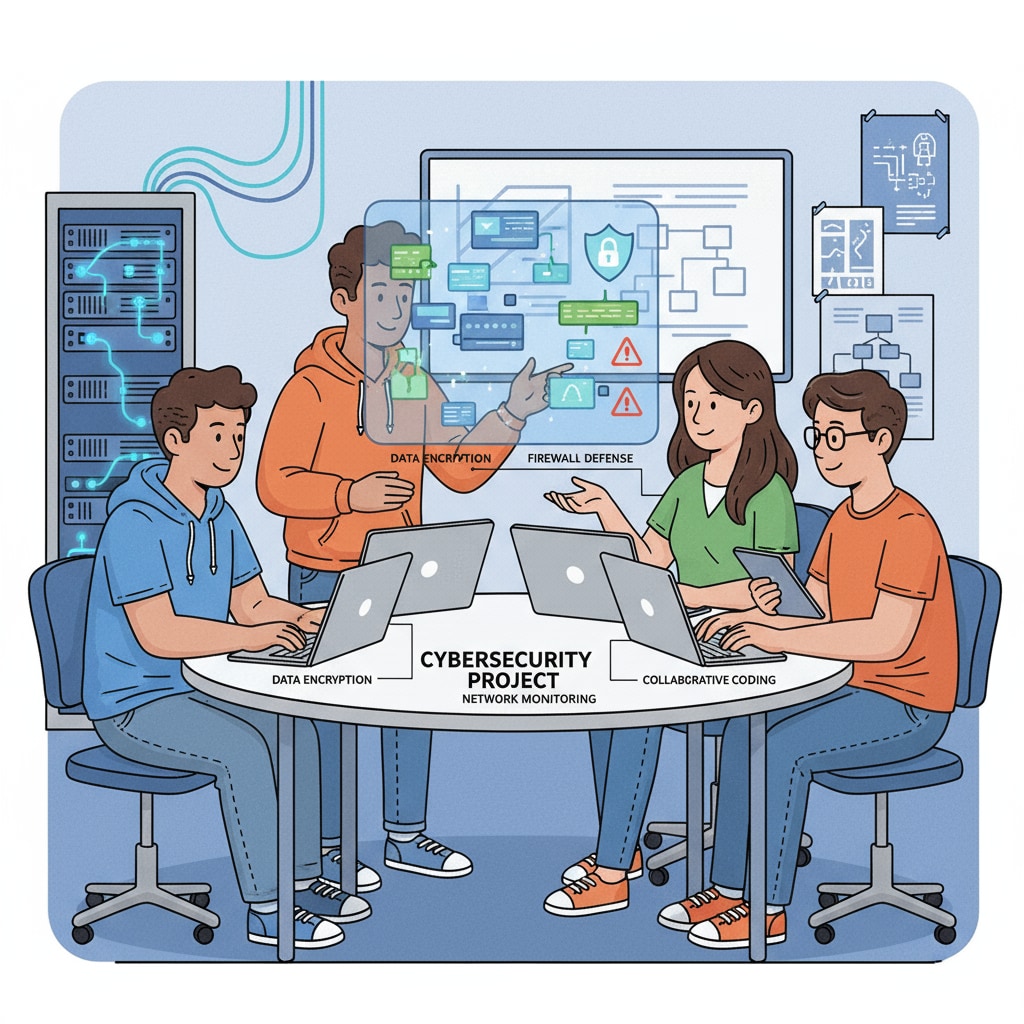 Students collaborating on a cybersecurity project using laptops. They are discussing and working together to complete the task. K12 students collaborating on a cybersecurity project as part of their digital protection education, demonstrating high levels of student engagement.