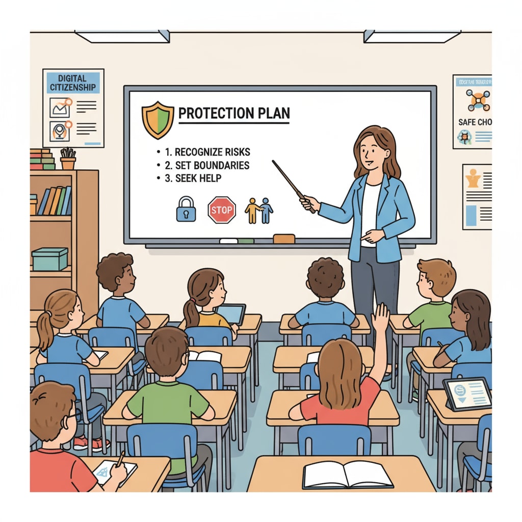 A group of K-12 students are sitting in a classroom, listening intently to their teacher during a protection education session. K-12 students in a protection education class