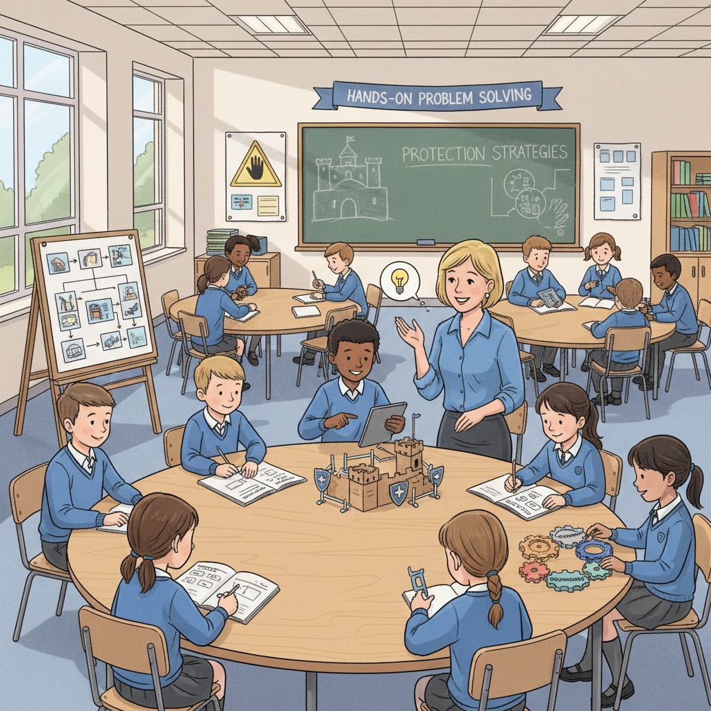 Students in a Western European school are actively engaged in a hands-on protection education activity, working together to solve problems. Western European K-12 students in a protection education activity