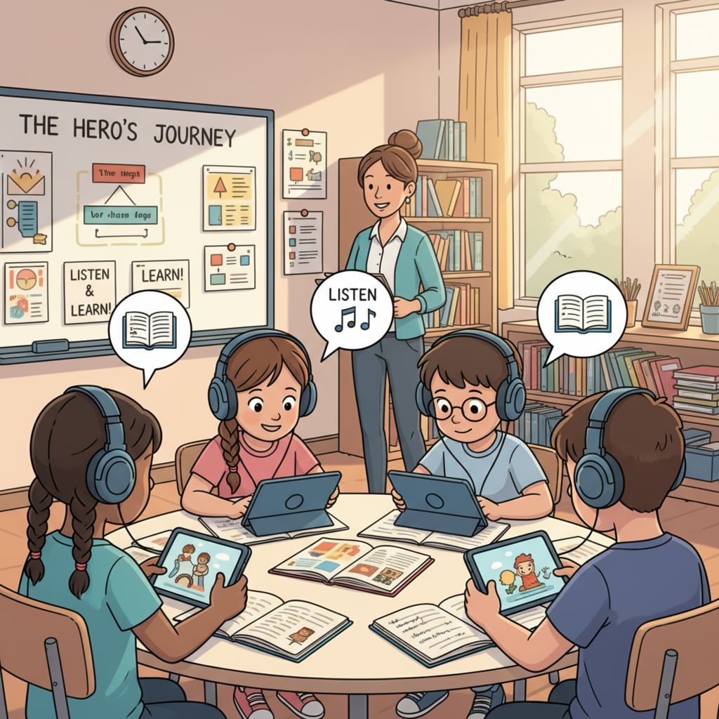 A classroom scene where students are wearing headphones and listening to audiobooks during a language arts class. Students listening to audiobooks in a junior high language arts class to explore reading alternatives and enhance reading ability.