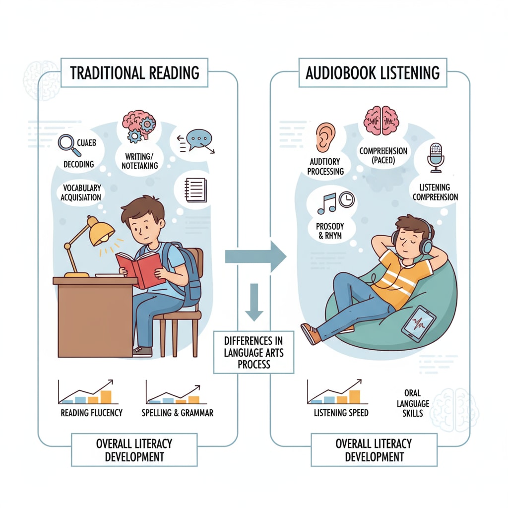 A visual comparison showing a student reading a book and another listening to an audiobook, highlighting the differences in the process related to language arts and reading ability. Comparison of traditional reading and listening to audiobooks in the context of junior high language arts for understanding reading alternatives.