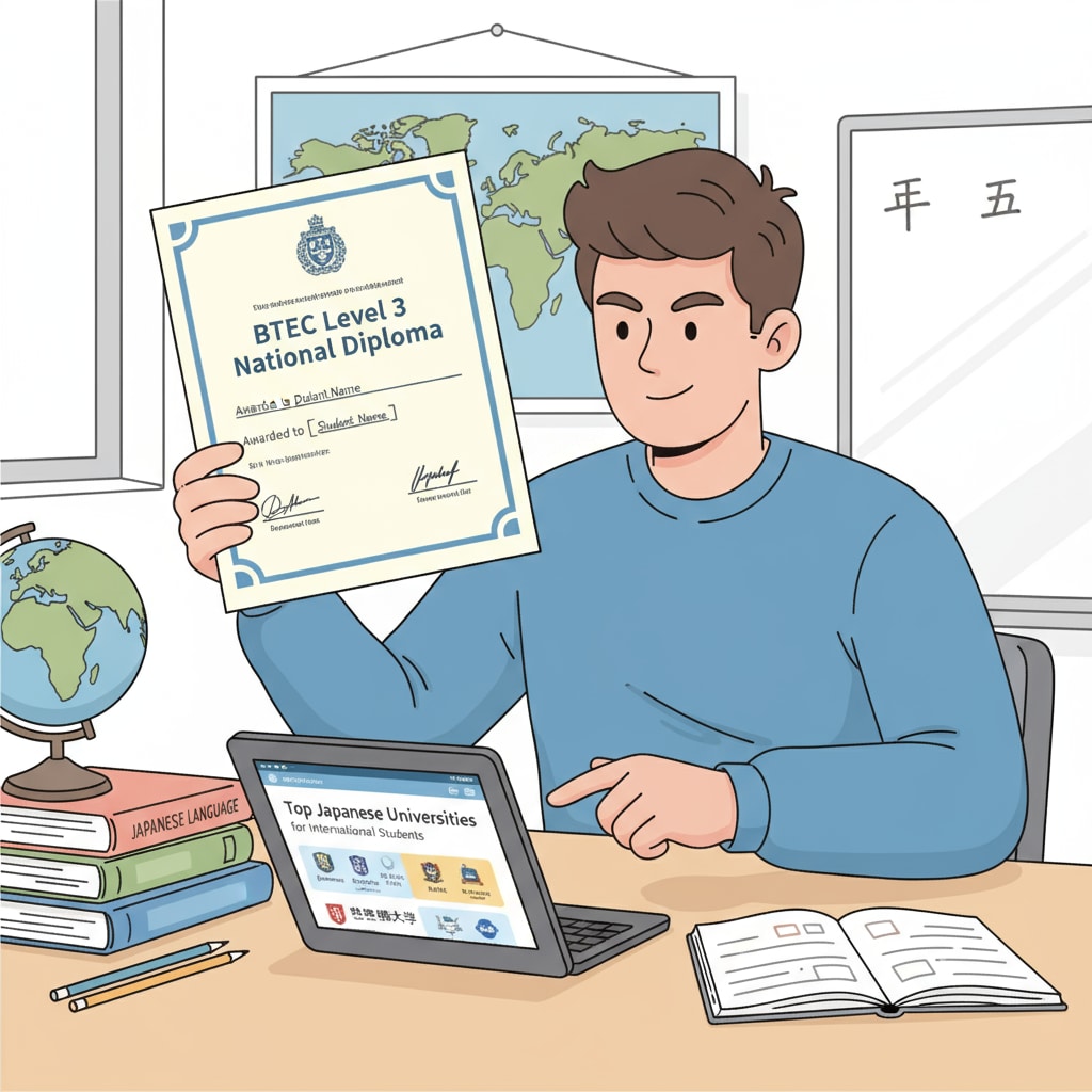 A visual representation of a student holding a BTEC certificate while researching Japanese universities, showing interest and determination. A student with BTEC certificate exploring Japanese university options for overseas study
