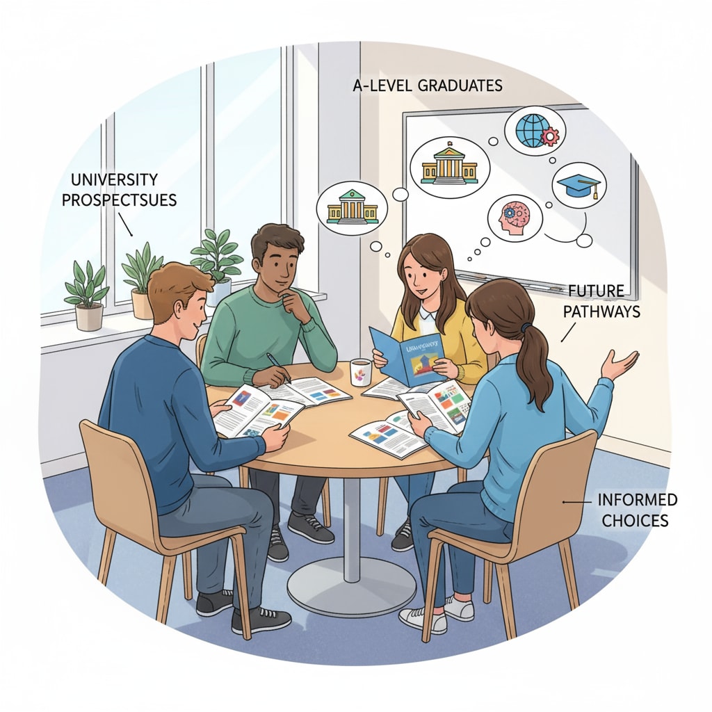 A-Level graduates are sitting together, discussing and looking at university brochures, considering their options for further education. A-Level graduates considering their university options