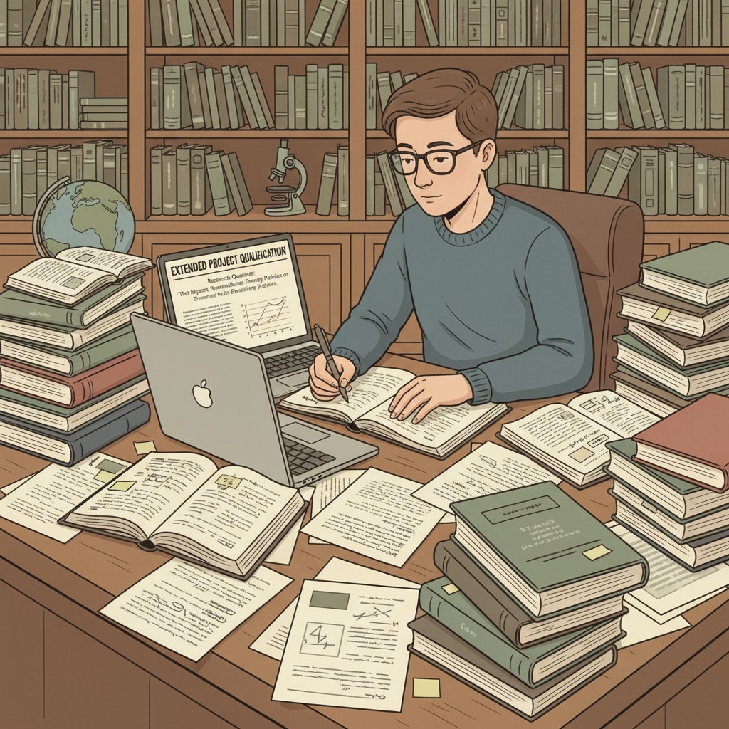 A student is sitting at a desk, surrounded by books and papers, working intently on an Extended Project Qualification. A student working on an Extended Project Qualification