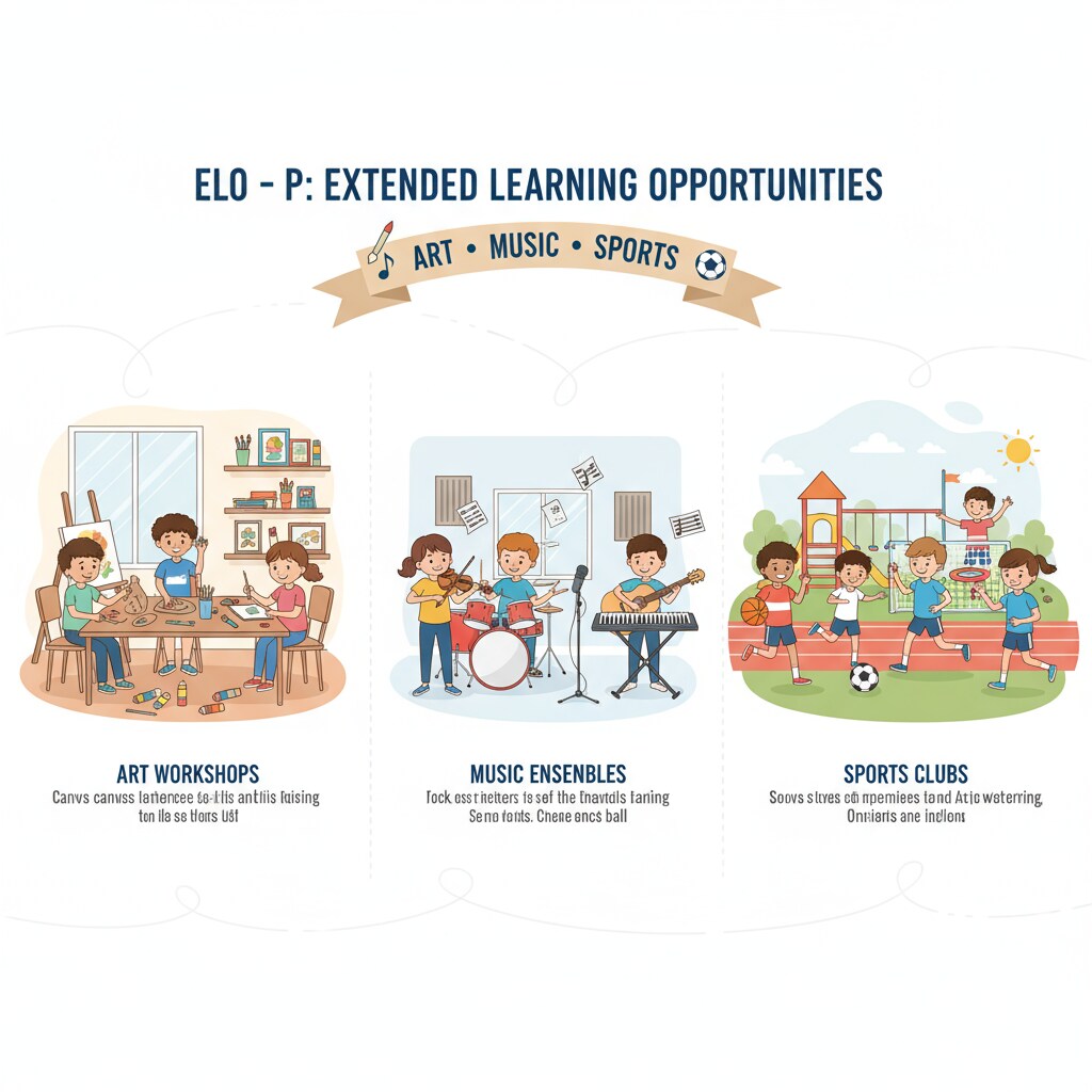 Students are seen participating in art, music, and sports activities organized under the ELO-P program, showing the diverse range of extended learning opportunities. Students engaged in extended learning activities funded by ELO-P with education funding