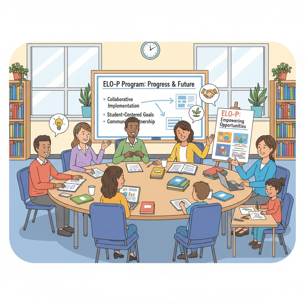 A meeting of parents and educators is taking place to discuss the progress and future plans of the ELO-P program, highlighting the collaborative nature of its implementation. Parents and educators collaborating on the ELO-P program related to education funding and extended learning