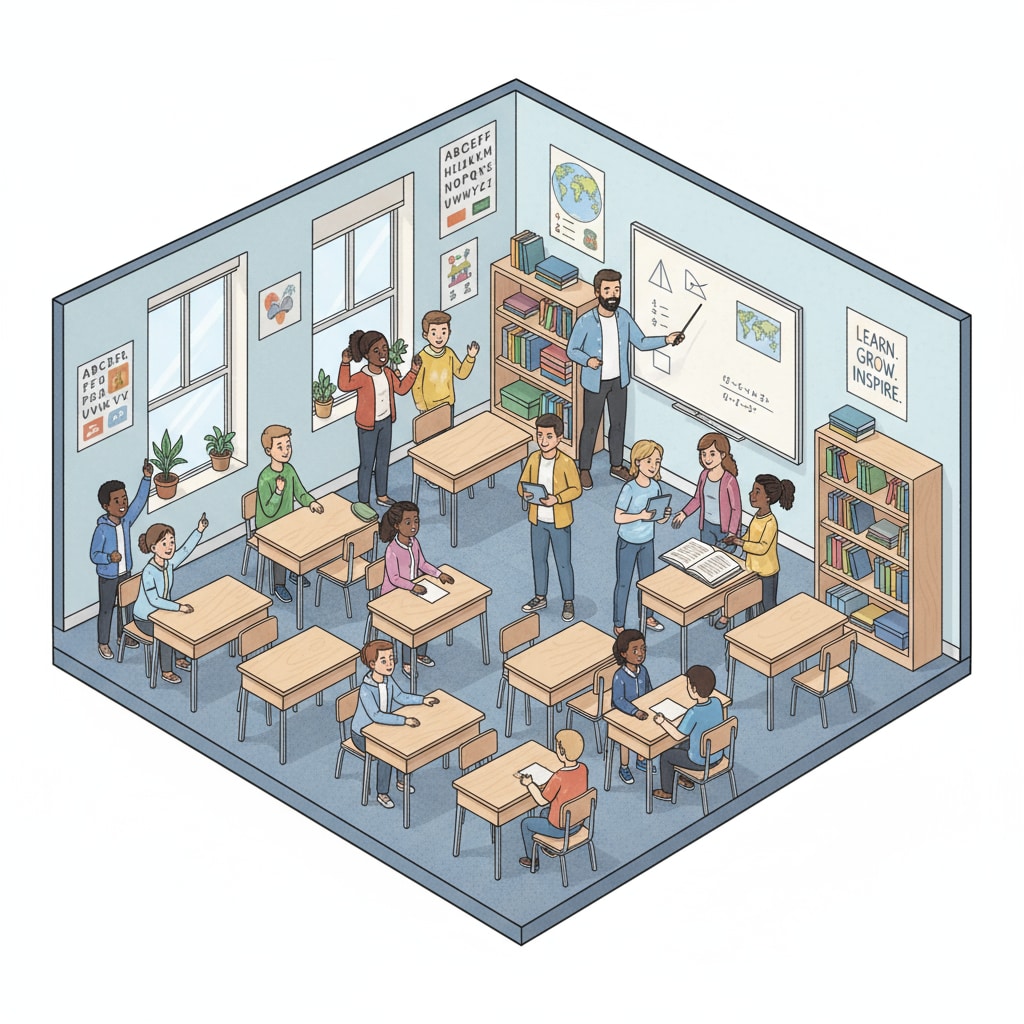 This image shows educators and students working together in an urban classroom. There are desks arranged in a semi - circle, and the students are actively participating in a discussion led by the educator. The classroom has some educational posters on the walls. Educators and students collaborating in an urban classroom setting for university project research on urban education through virtual interviews