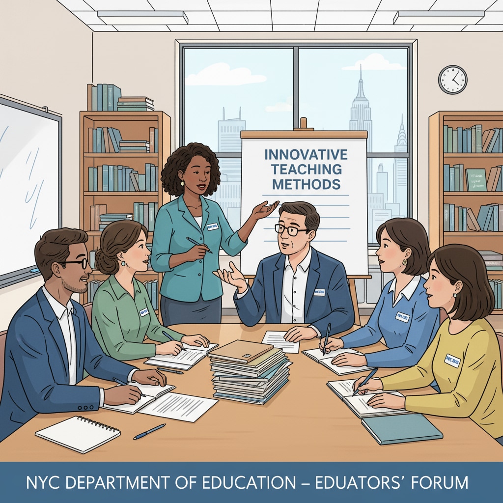 A group of educators from the NYC DOE are sitting around a table, engaged in a discussion about teaching methods. There are papers and pens on the table, and they all seem focused on the conversation. A group of NYC DOE educators discussing teaching methods as part of the urban education virtual interview project