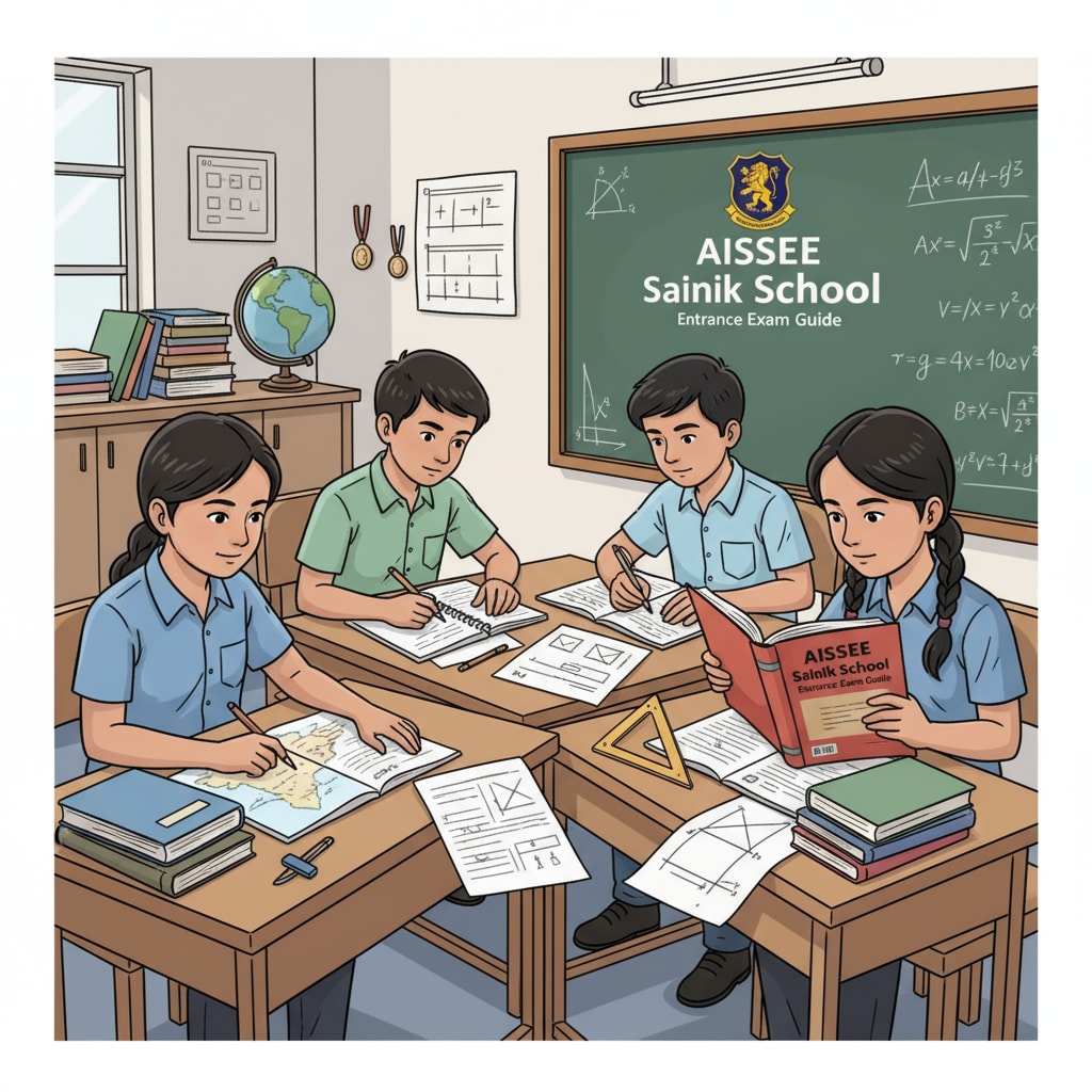 A group of students sitting at desks, with books and papers, looking focused as they prepare for the AISSEE Sainik School entrance exam. Students preparing for AISSEE Sainik School admissions exam