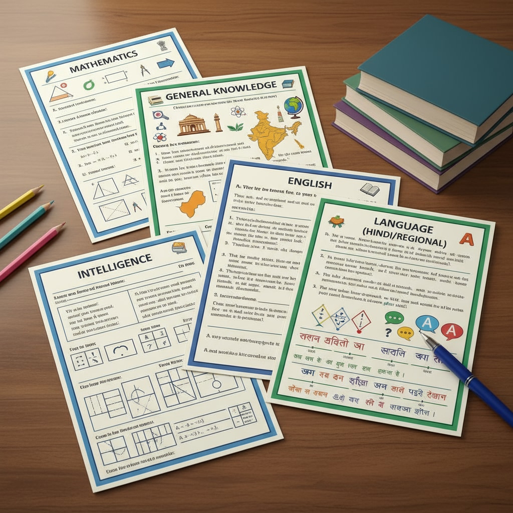 A set of sample question papers laid out on a table, showing different subjects related to the AISSEE Sainik School entrance exam. Sample question papers for AISSEE Sainik School admissions