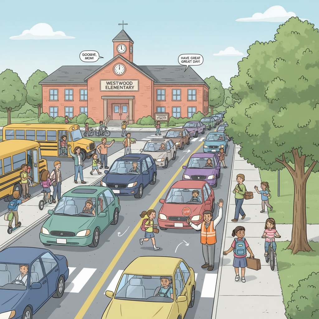 A busy scene of parents dropping off and picking up students at a small town school with traffic congestion. Cars are lined up, and students are getting in and out of vehicles while traffic is slow. School drop-off and pick-up with traffic congestion in a small town