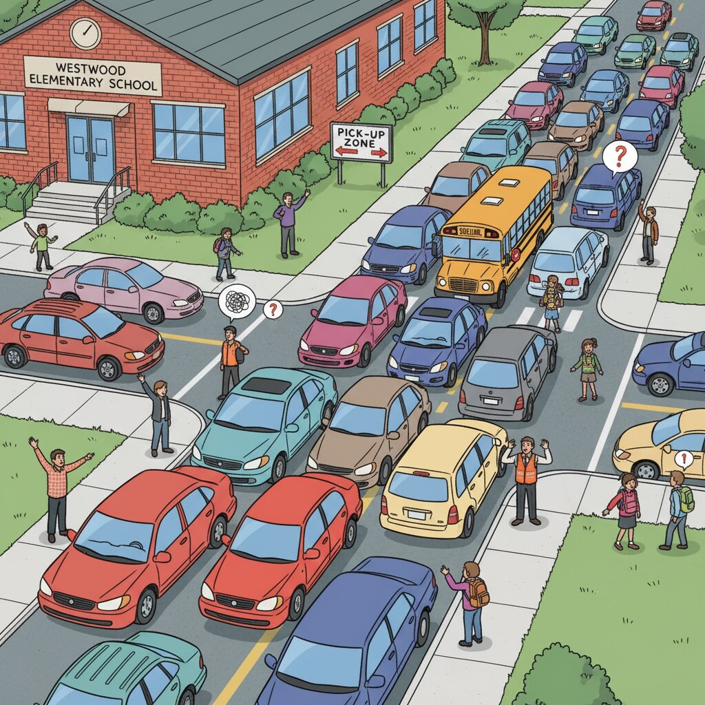 A chaotic traffic situation near a small town school during pick-up time. Cars are parked haphazardly, blocking lanes, and creating a traffic jam. Chaotic traffic during school pick-up in a small town