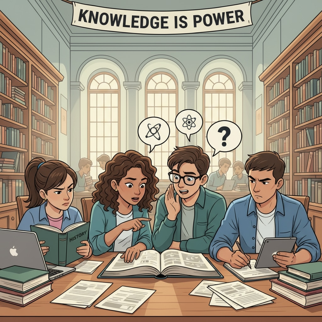 A group of students are studying in a university library. Some are reading books, while others are discussing in whispers. They all have a determined look on their faces, as if they are ready to overcome any academic difficulties. Students showing determination to overcome academic failure, changed efforts, and university application rejections in a library