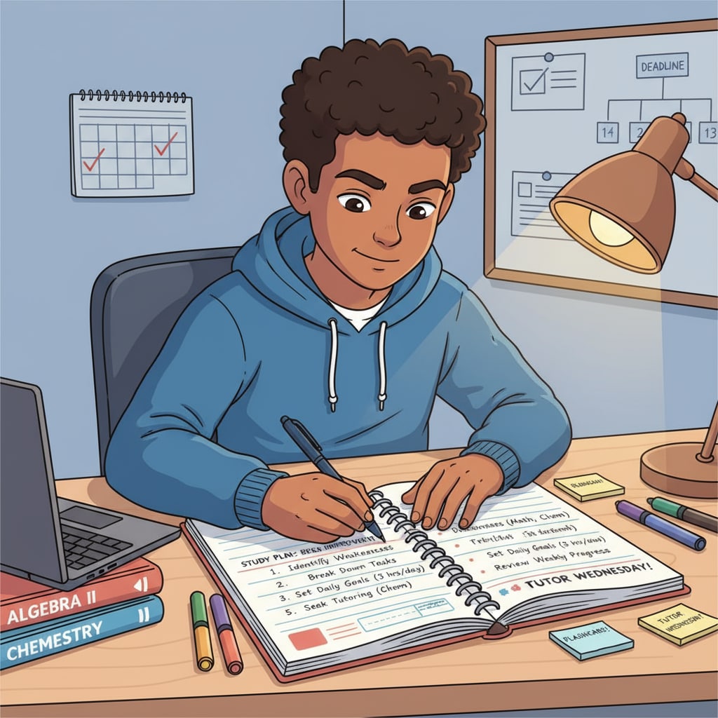 A student is sitting at a desk, with a notebook open in front of them. They are writing a detailed study plan, with a pen in hand, aiming to improve their academic situation after facing setbacks. A student making changed efforts to improve after experiencing academic failure and university application rejections