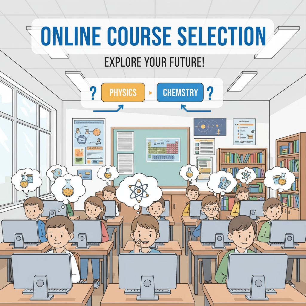 Students sitting in front of computers, contemplating whether to choose physics or chemistry courses for online learning Students considering physics and chemistry online learning options in the context of the health field