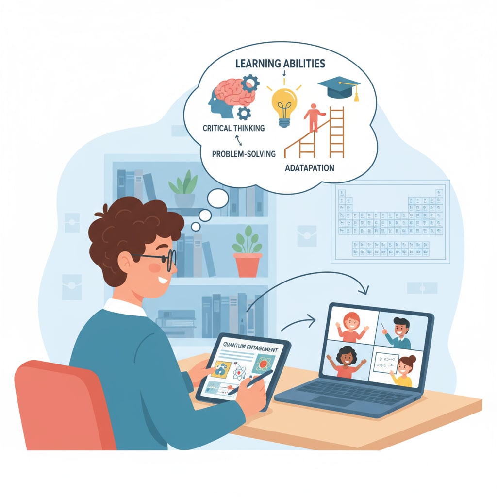 A student making notes while studying an online physics or chemistry course, highlighting the importance of learning abilities Student studying online physics or chemistry, emphasizing learning abilities in relation to the health field