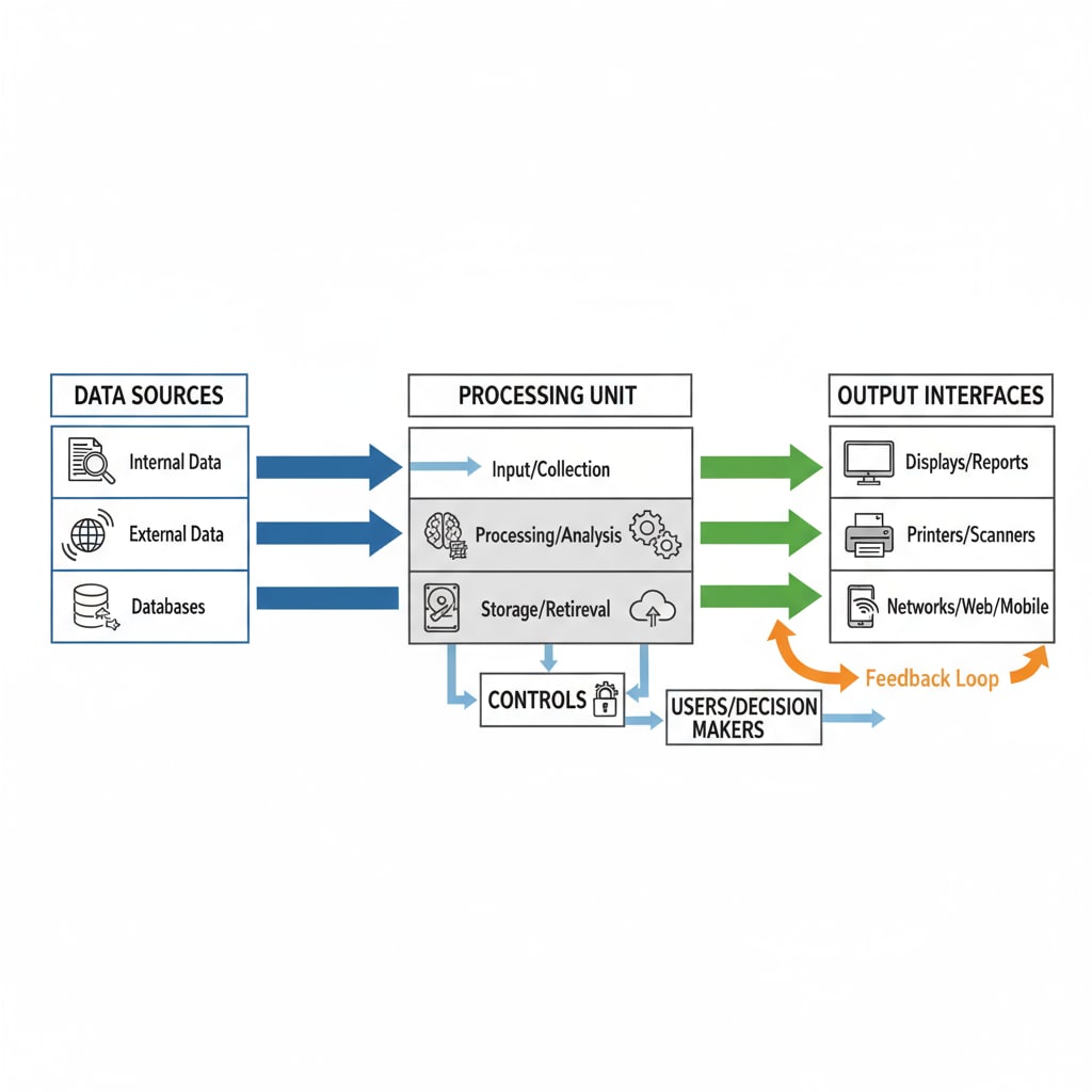 This illustration details the components of an information system, including data sources, processing units, and output interfaces, showing how they interact and function together. Illustration of information system components related to university IT major selection and career development