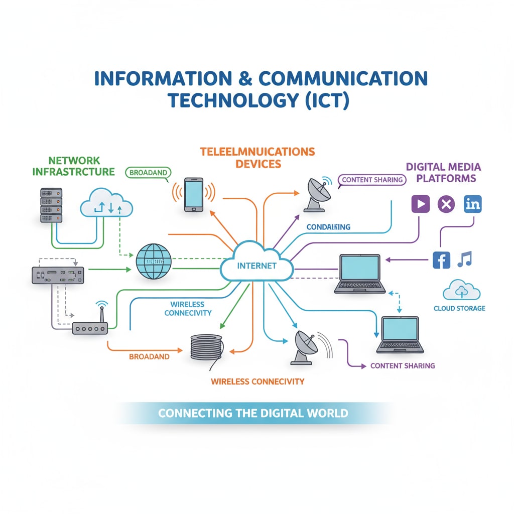The diagram showcases the different aspects of information and communication technology, such as network infrastructure, telecommunications devices, and digital media platforms, highlighting their interconnections. Diagram of information and communication technology aspects relevant to IT major choice and career prospects